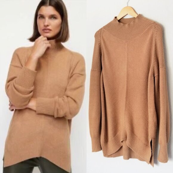 Maeve Anthropologie Crystal Longline Tunic Sweater S Camel Brown Mock Neck $118 - Picture 1 of 15